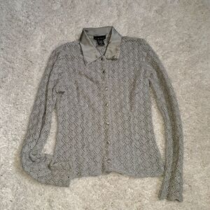 The Limited Sheer Lace Knit Button Up Shirt Silver Sparkle Glam Top Women